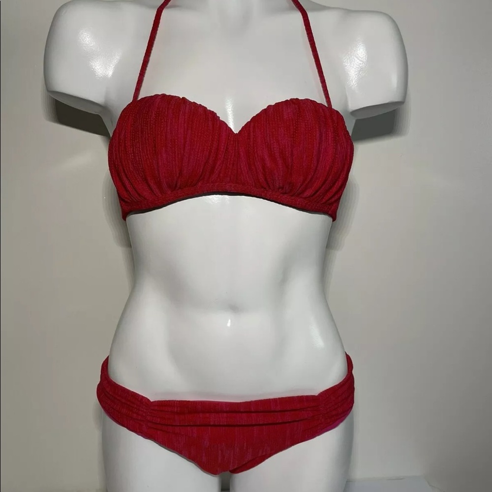 L*Space Red 🍒 Pink Strapless Bikini Set With XS Top Ruching Bottoms Medium NWOT